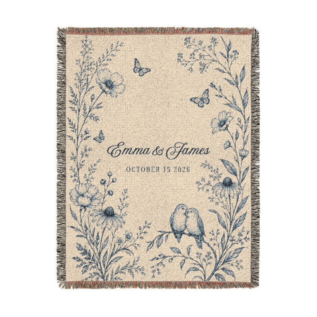 Personalized Blue Wedding Woven Blanket with Names & Date | Blue Floral Couple Gift