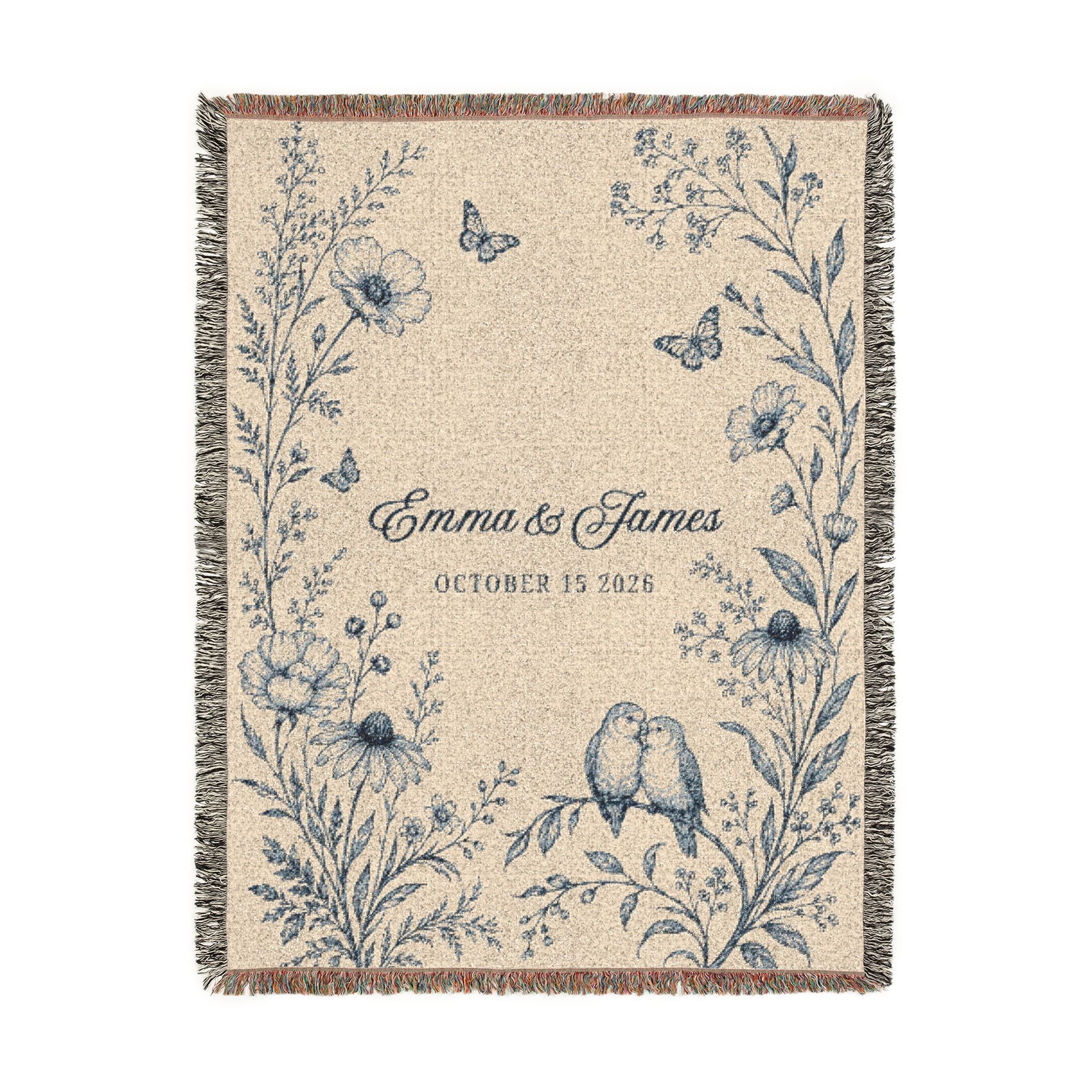 Personalized Blue Wedding Woven Blanket with Names & Date | Blue Floral Couple Gift