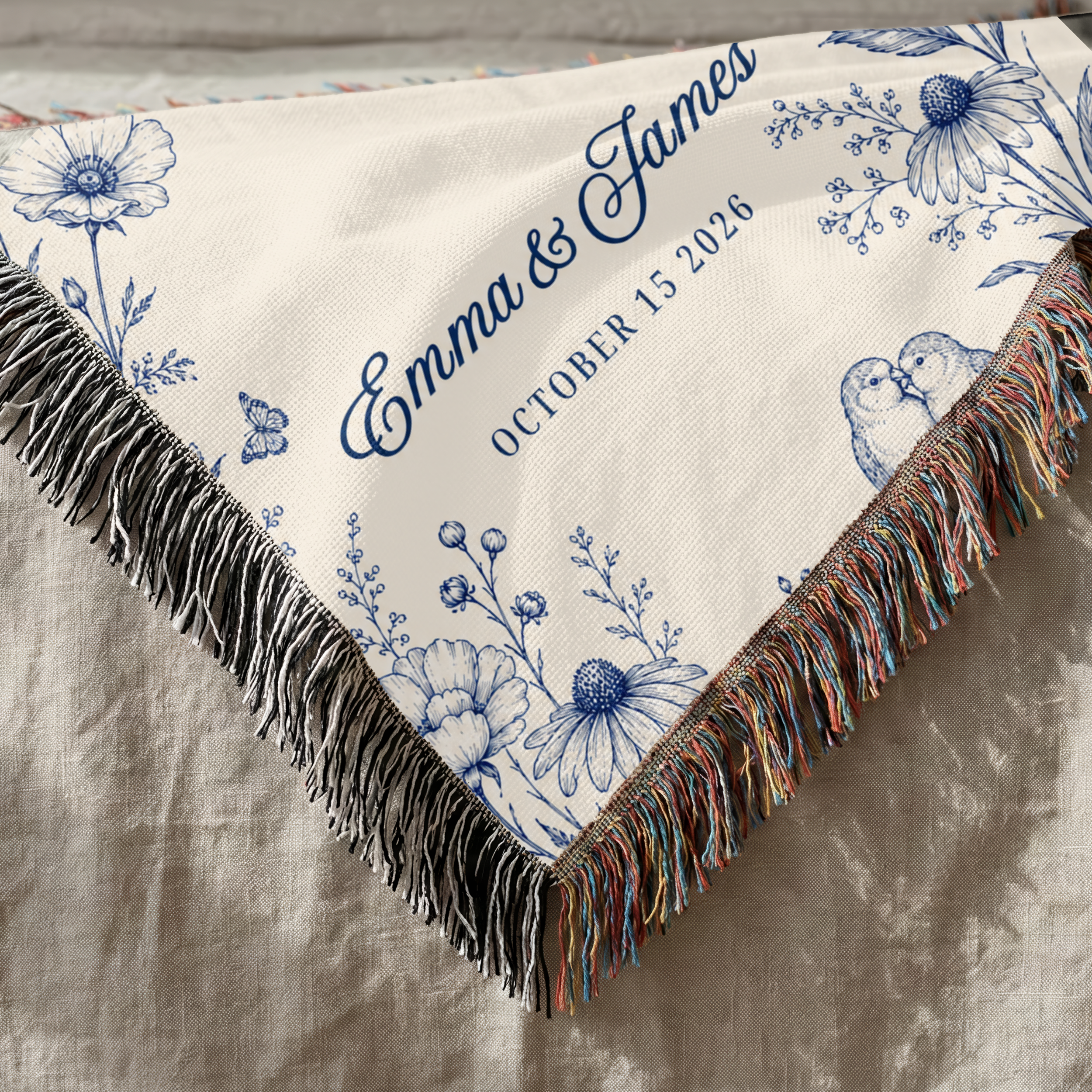 Personalized Blue Wedding Woven Blanket with Names & Date | Blue Floral Couple Gift