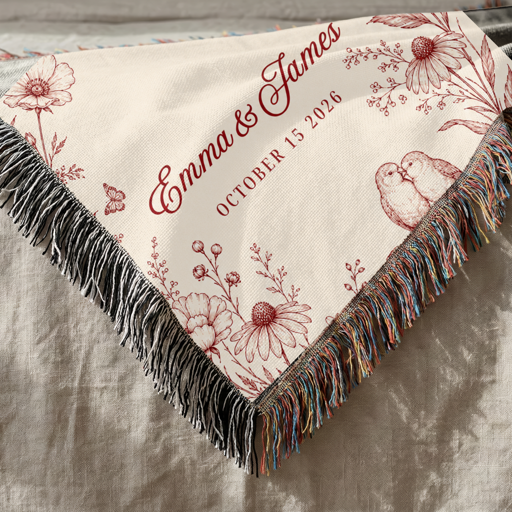 Personalized Red Wedding Woven Blanket with Names & Date | Red Floral Couple Gift