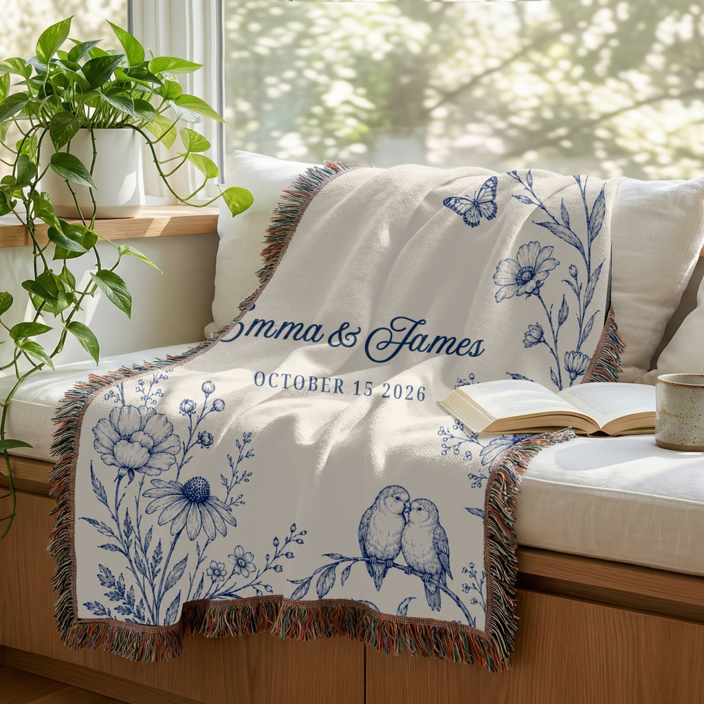 Personalized Blue Wedding Woven Blanket with Names & Date | Blue Floral Couple Gift