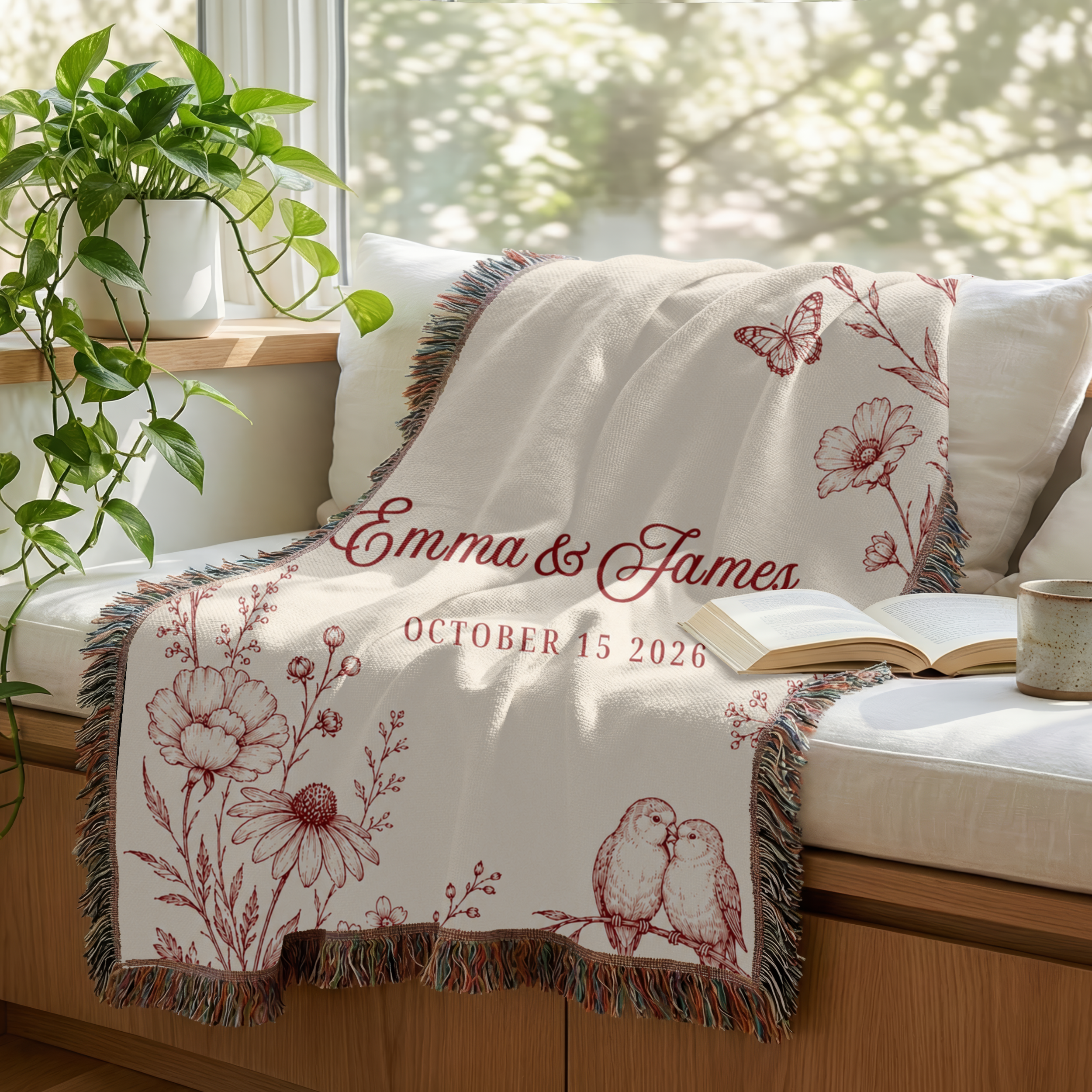 Personalized Red Wedding Woven Blanket with Names & Date | Red Floral Couple Gift