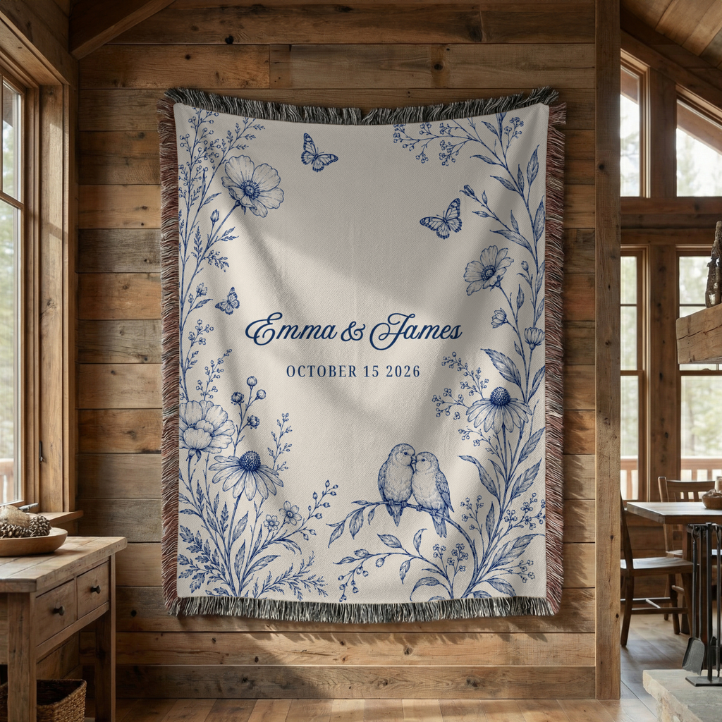 Personalized Blue Wedding Woven Blanket with Names & Date | Blue Floral Couple Gift