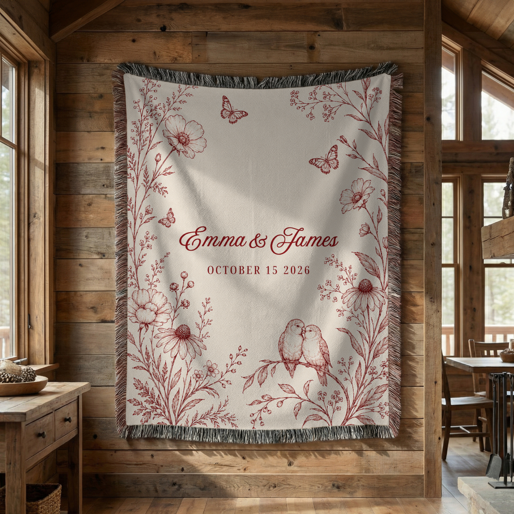 Personalized Red Wedding Woven Blanket with Names & Date | Red Floral Couple Gift