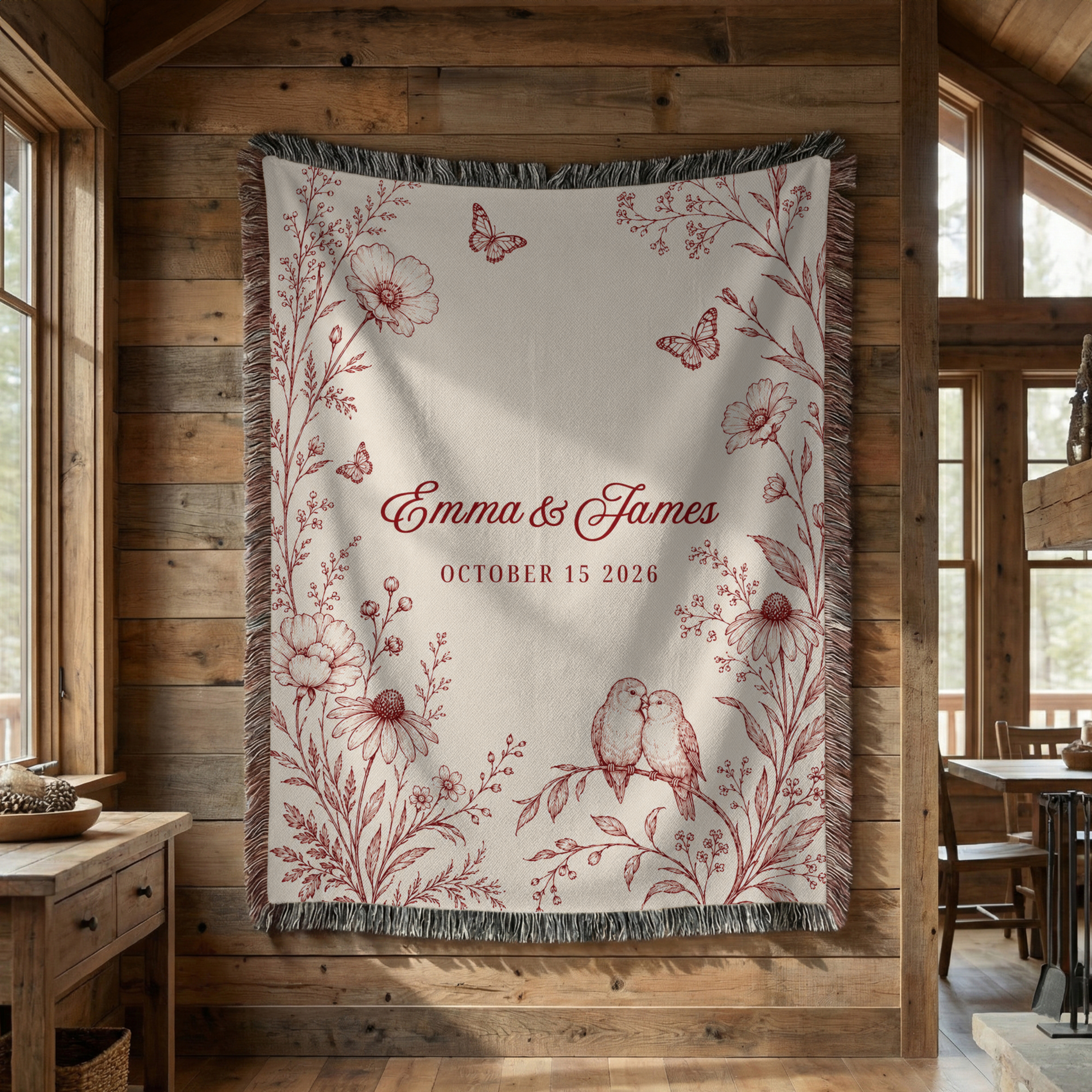 Personalized Red Wedding Woven Blanket with Names & Date | Red Floral Couple Gift
