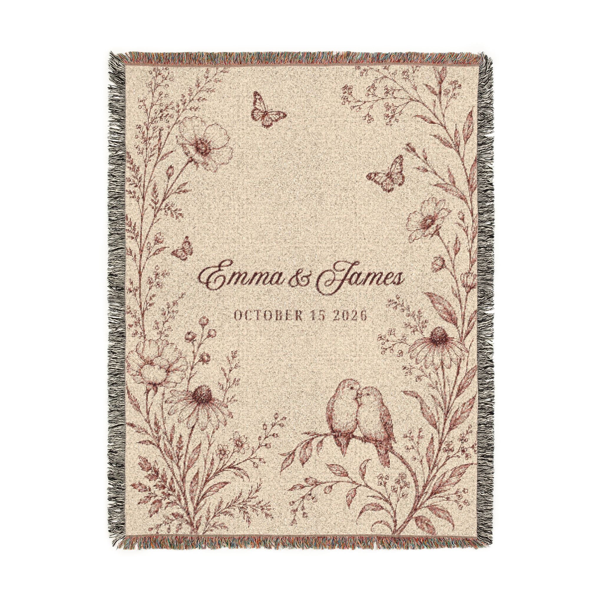 Personalized Red Wedding Woven Blanket with Names & Date | Red Floral Couple Gift