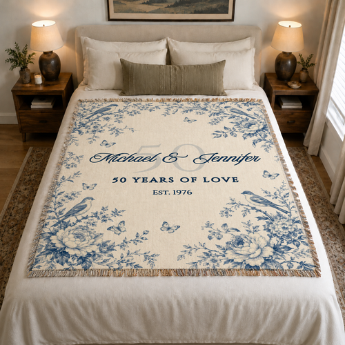 Personalized 50th anniversary blanket with blue floral design styled on a neutral bedroom bed