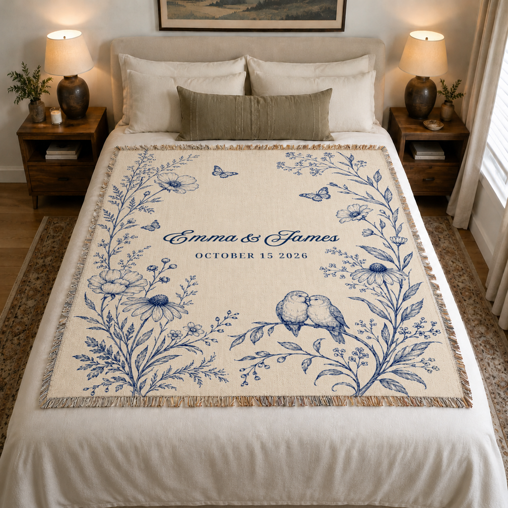 Personalized Blue Wedding Woven Blanket with Names & Date | Blue Floral Couple Gift