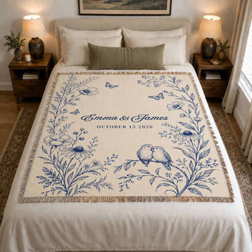 Personalized Blue Wedding Woven Blanket with Names & Date | Blue Floral Couple Gift