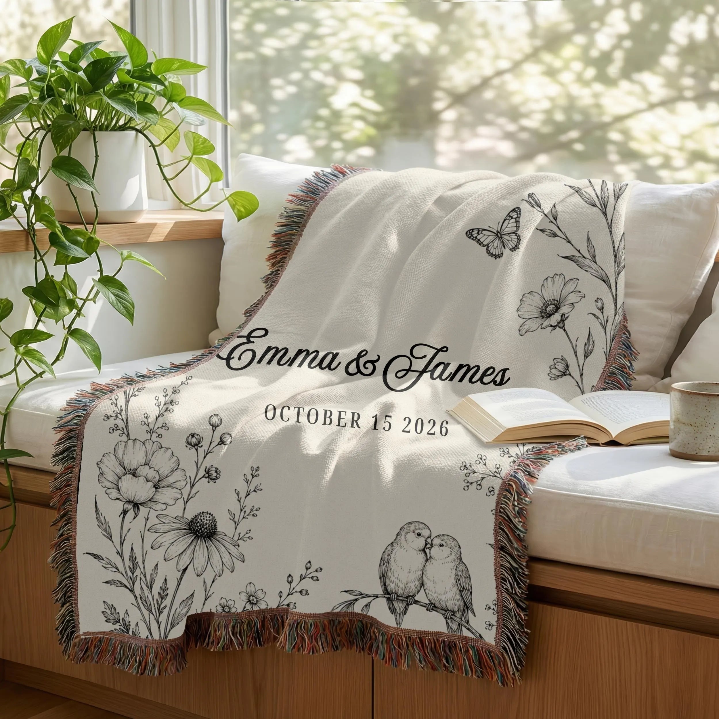 Personalized Anniversary Woven Blanket with Names & Date | Floral Couple Blanket | Wedding & Anniversary Gift