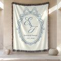 Personalized blue monogram wedding woven blanket with custom couple names and established year