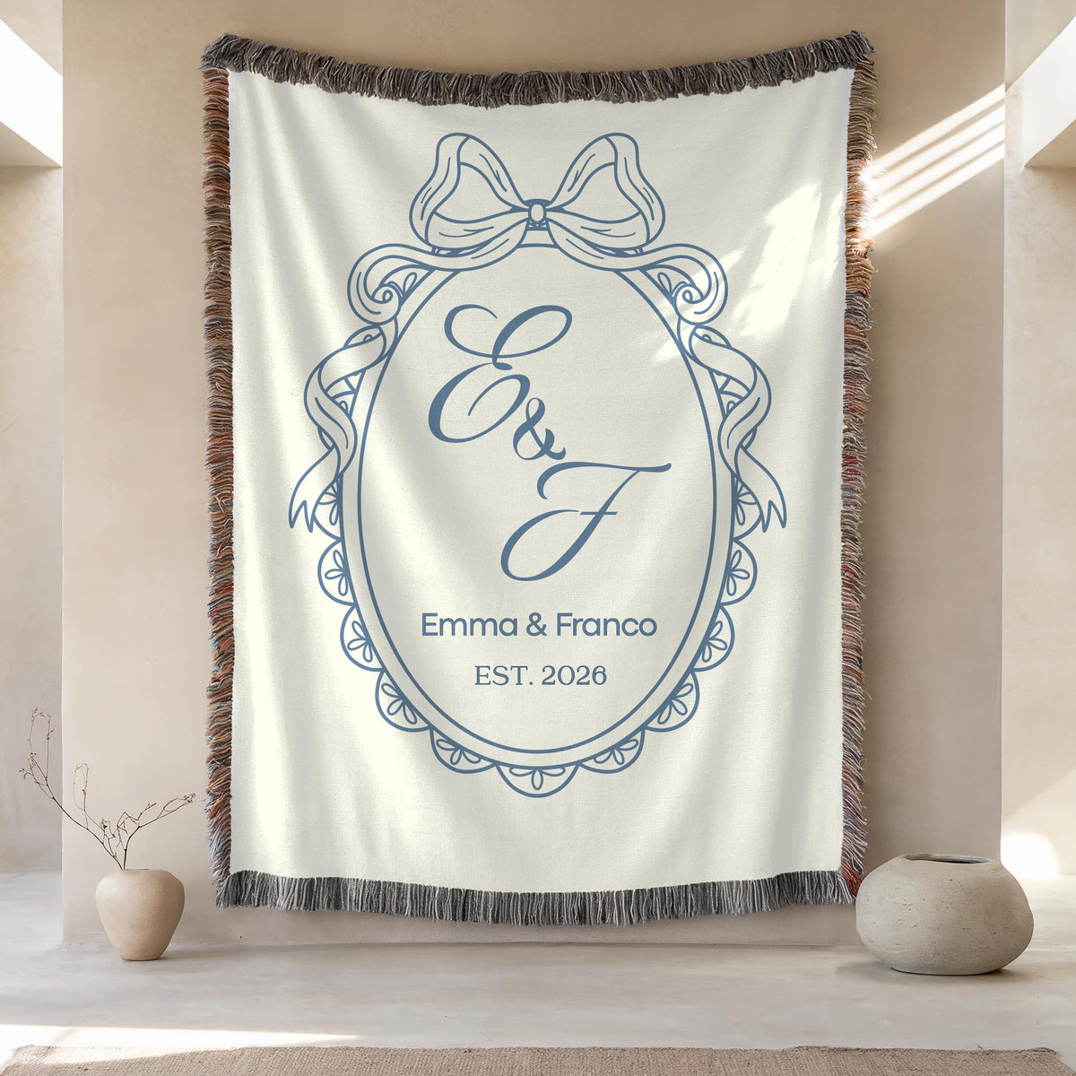 Personalized blue monogram wedding woven blanket with custom couple names and established year