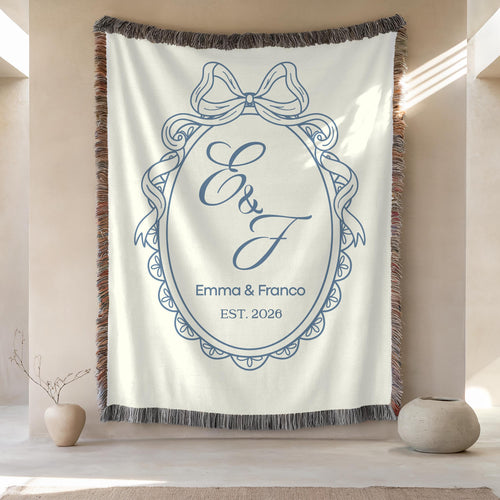 Personalized blue monogram wedding woven blanket with custom couple names and established year