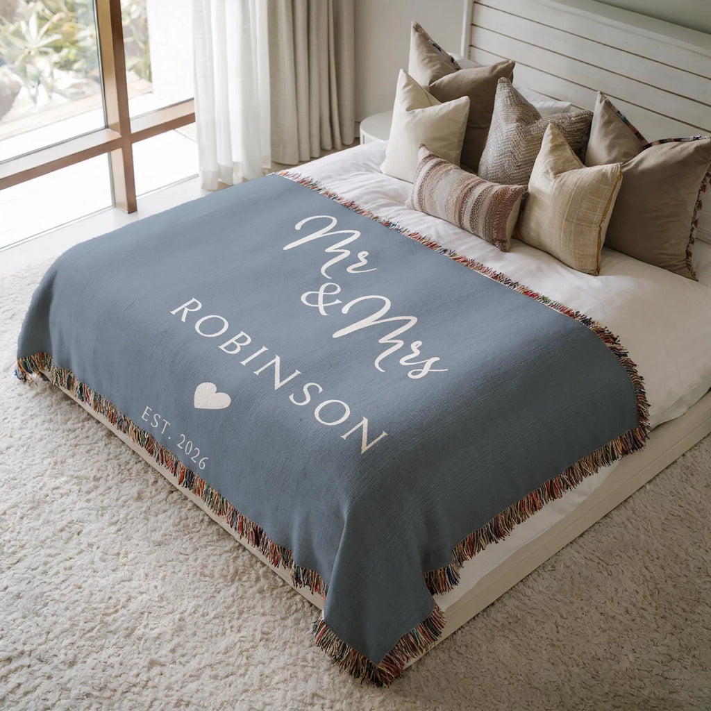 Custom Mr and Mrs woven blanket personalized with family name and wedding year