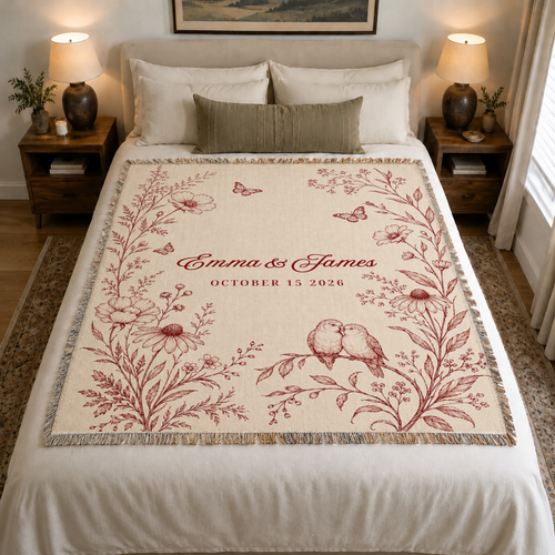 Personalized Red Wedding Woven Blanket with Names & Date | Red Floral Couple Gift