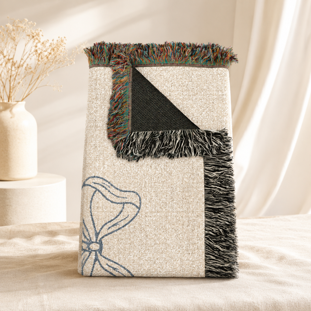 Personalized blue monogram woven blanket with decorative fringe and woven texture