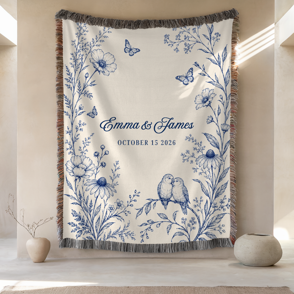 Personalized Blue Wedding Woven Blanket with Names & Date | Blue Floral Couple Gift