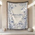 Personalized Blue Wedding Woven Blanket with Names & Date | Blue Floral Couple Gift