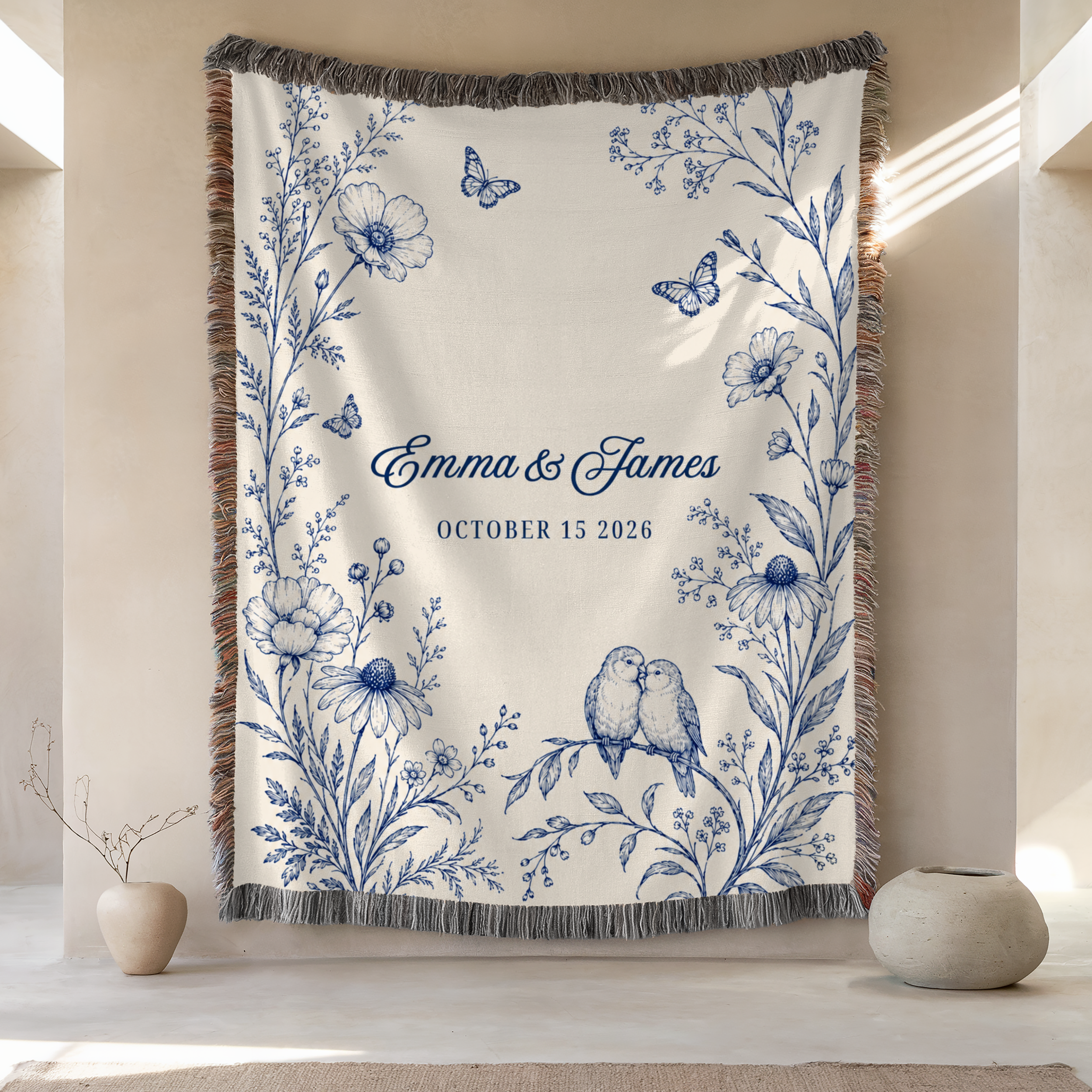 Personalized Blue Wedding Woven Blanket with Names & Date | Blue Floral Couple Gift