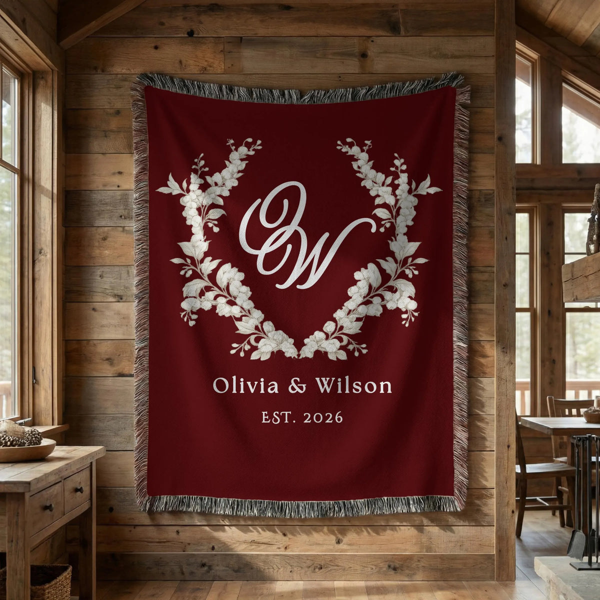 Burgundy monogram wedding woven blanket displayed as personalized wall decor