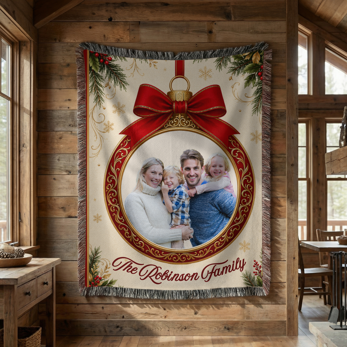 Custom photo ornament Christmas woven blanket displayed in a festive holiday setting
