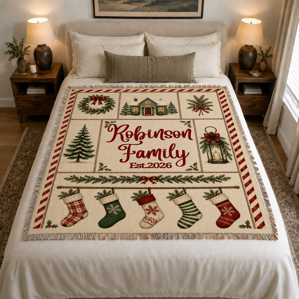 Personalized Christmas stocking woven blanket styled on a bedroom bed