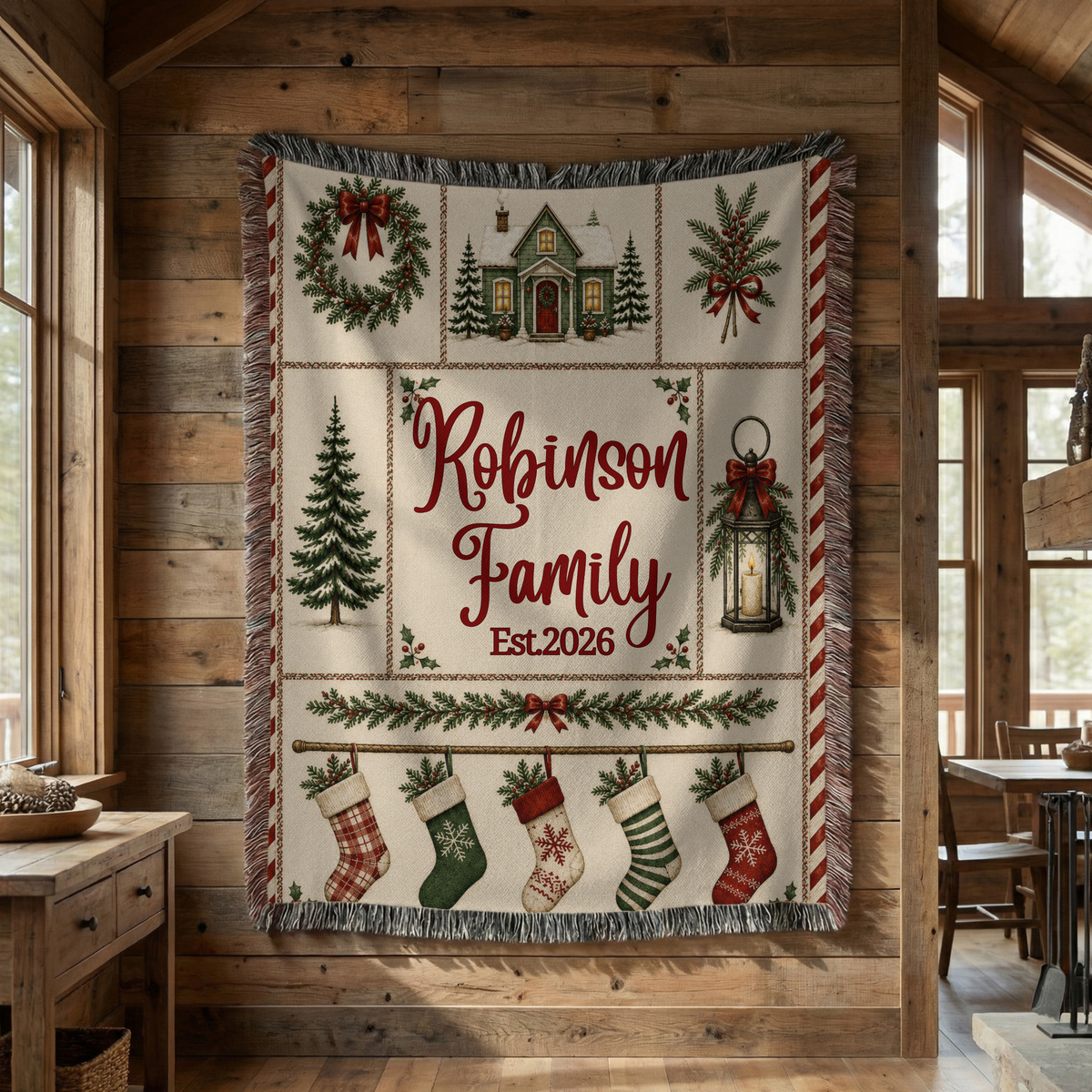 Christmas stocking woven blanket showing custom family details and textured weave