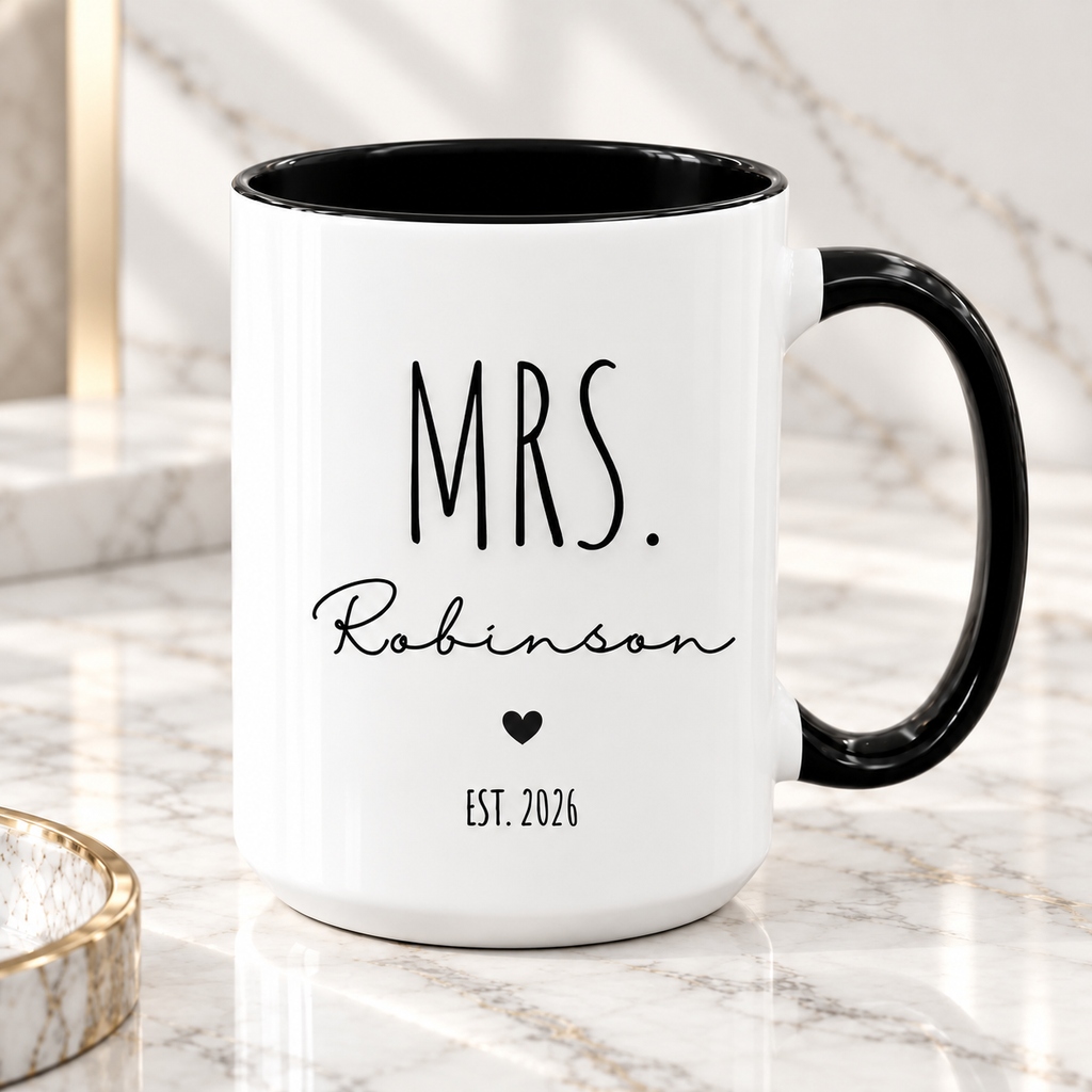 Custom Mr and Mrs anniversary mug gift personalized with couple last name and special year