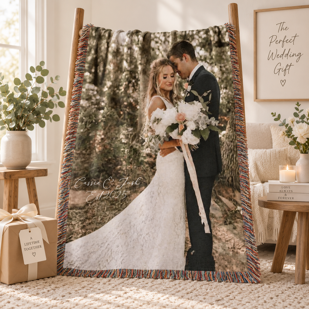 Custom bride and groom photo blanket displayed as a meaningful wedding keepsake gift