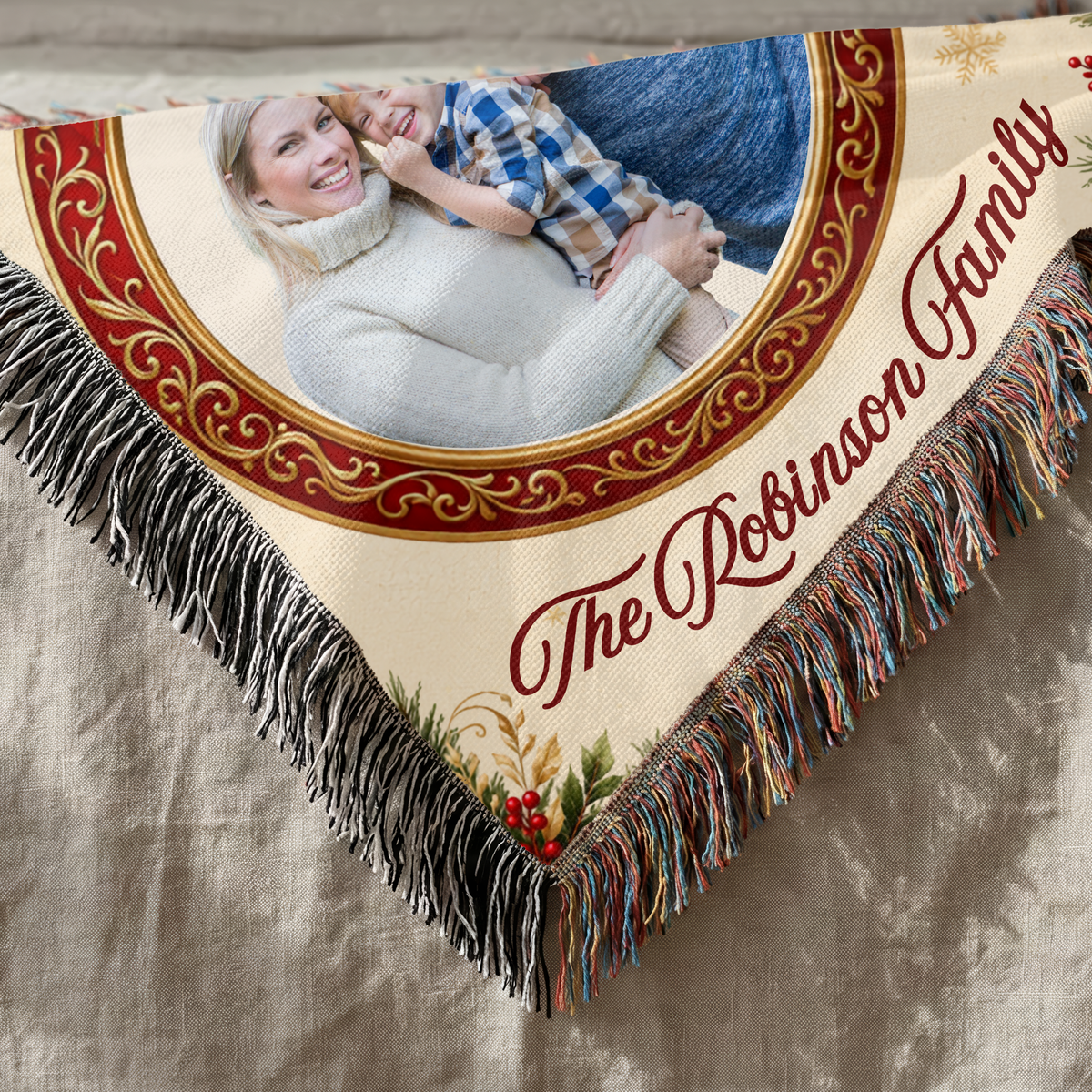 Custom family photo Christmas woven blanket showing personalized ornament details and woven texture