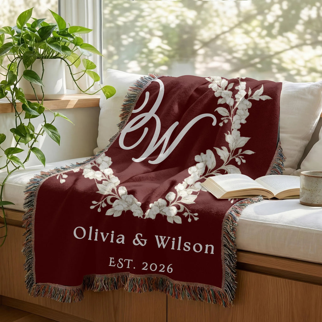Custom burgundy monogram woven blanket personalized with names and established year