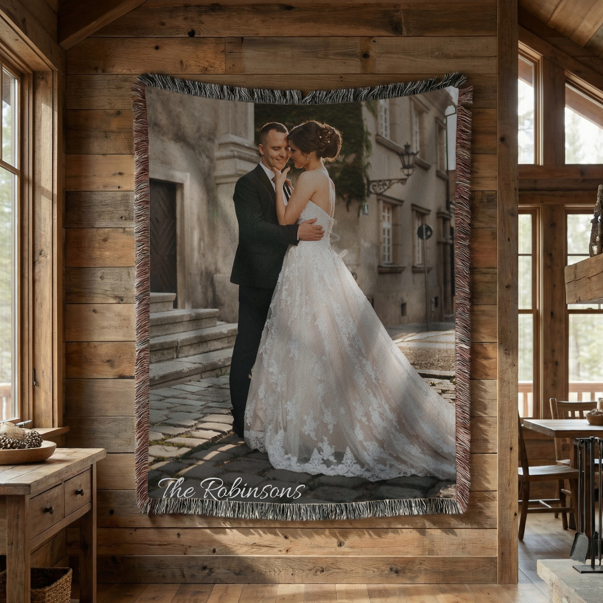Custom wedding picture woven blanket with names and date for bride and groom