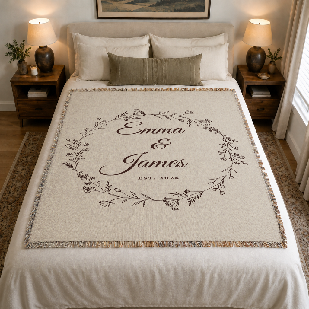 Custom wedding woven blanket with couple names and established year styled on a bed