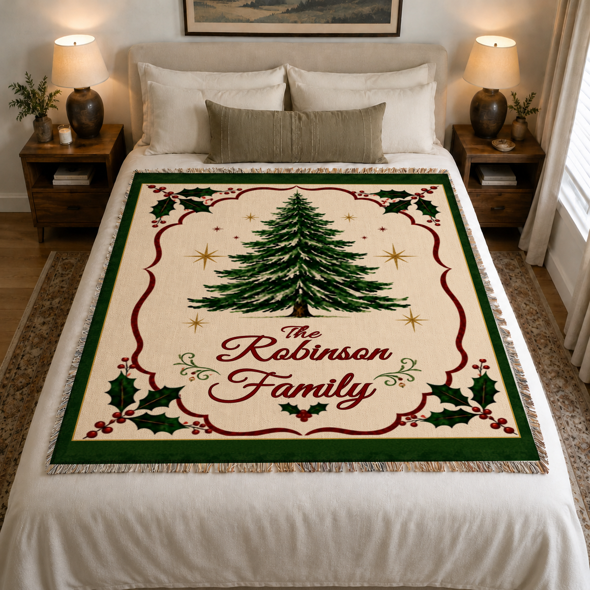 Personalized family Christmas woven blanket styled on a bedroom bed
