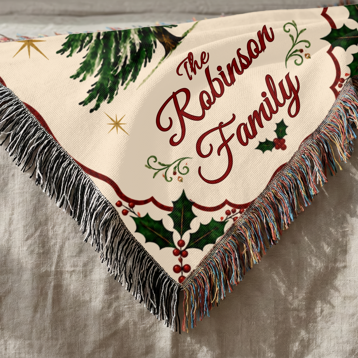 Family Christmas woven blanket showing custom name design and woven blanket texture