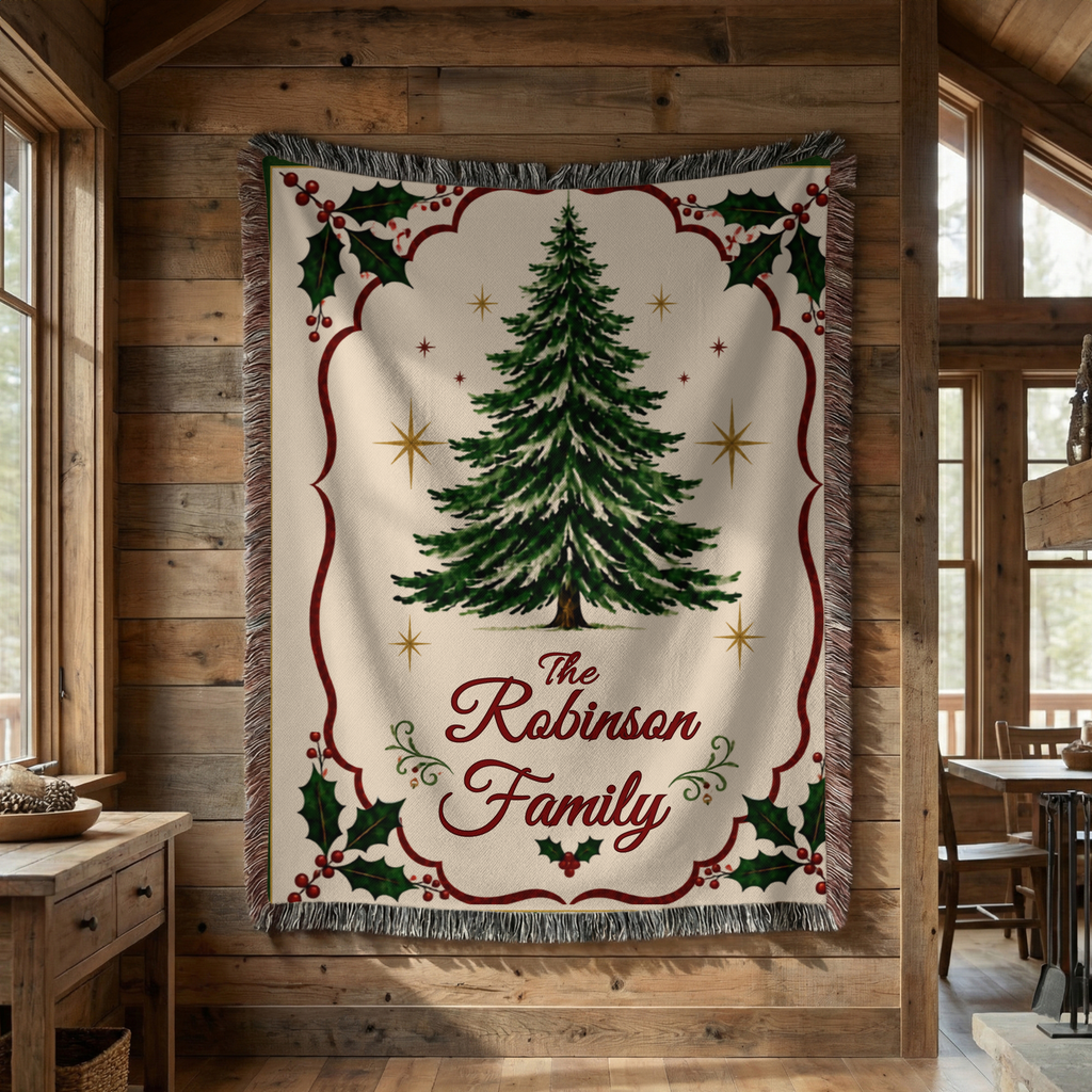 Custom family Christmas woven blanket displayed in a festive holiday setting