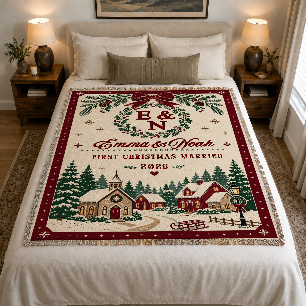 First Christmas Married personalized woven blanket styled on a bedroom bed