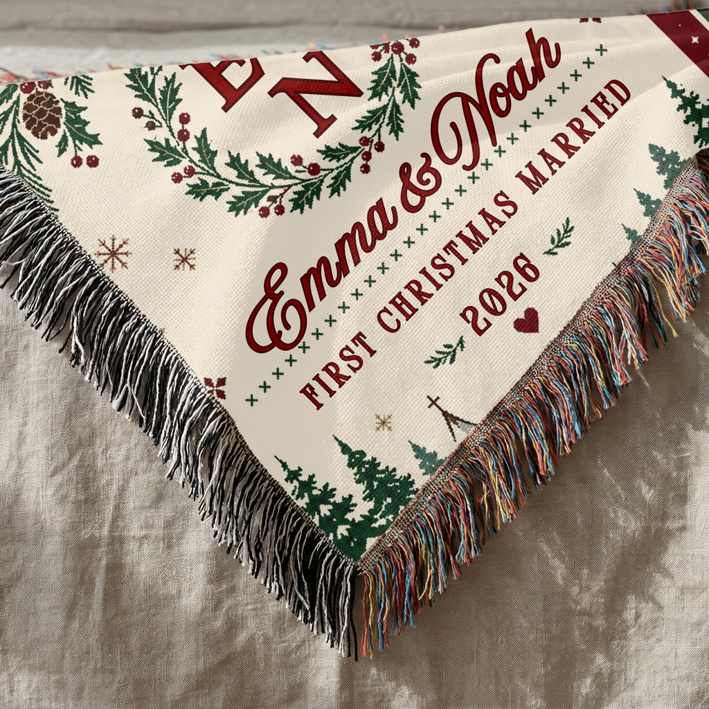 Personalized First Christmas Married woven blanket shown in a cozy holiday setting