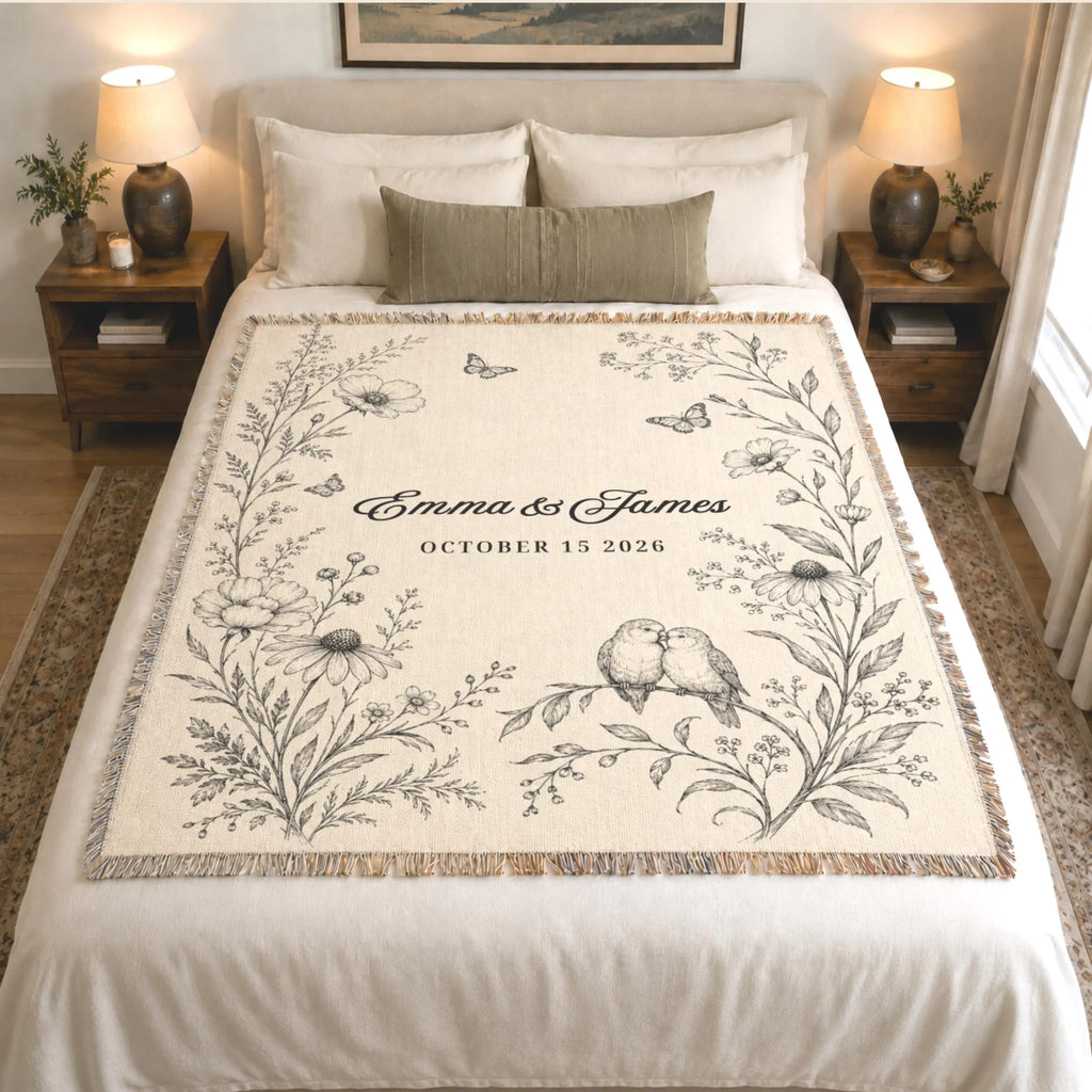 Personalized Anniversary Woven Blanket with Names & Date | Floral Couple Blanket | Wedding & Anniversary Gift