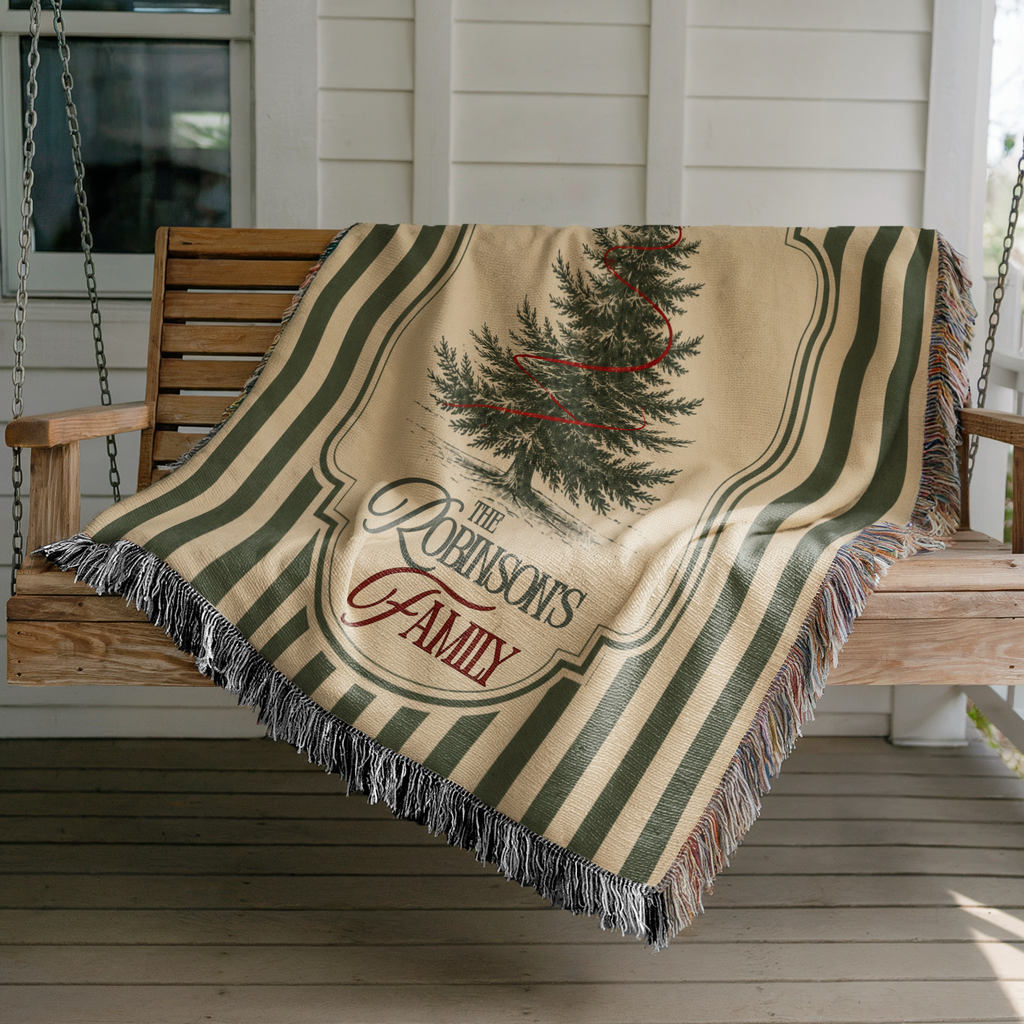 Personalized green Christmas woven blanket displayed as festive holiday home decor