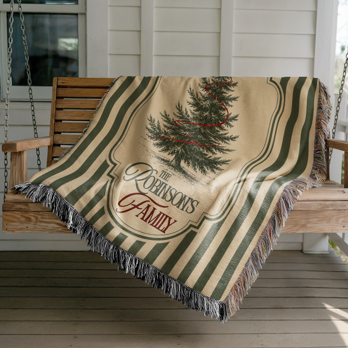 Personalized green Christmas woven blanket displayed as festive holiday home decor