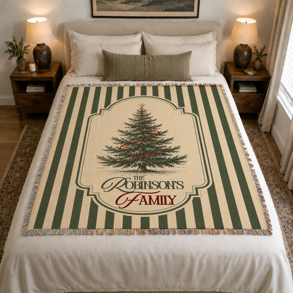 Green stripe personalized Christmas woven blanket styled on a bedroom bed