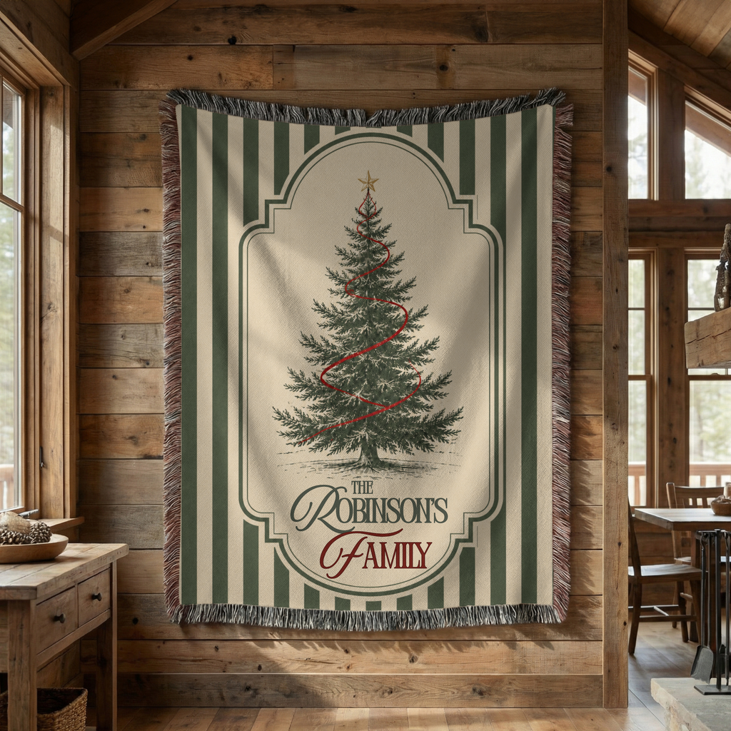 Green stripe family Christmas woven blanket with personalized holiday tree design