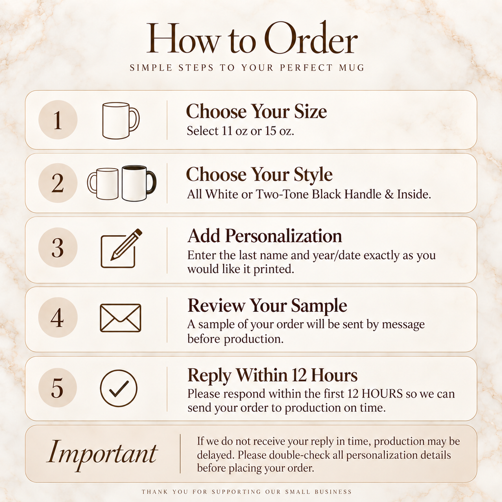 How to order a personalized Mr and Mrs mug with style size last name and wedding date