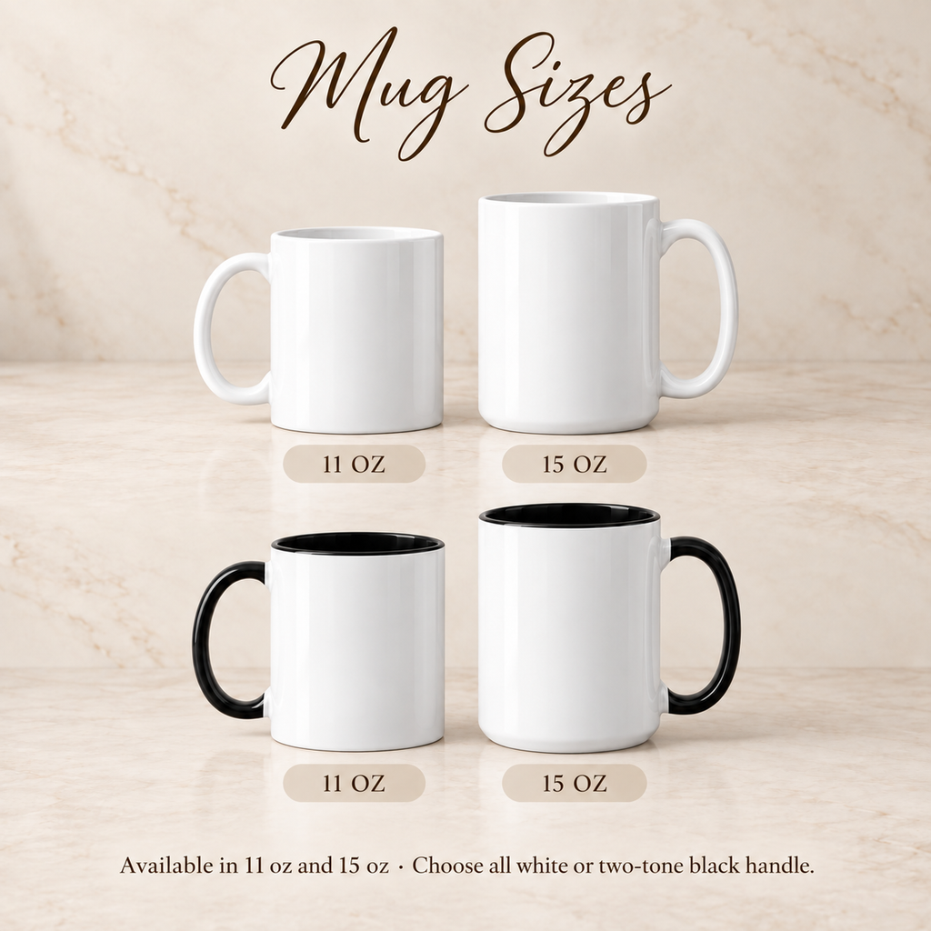 Mr and Mrs mug size and style guide with 11 oz and 15 oz all-white and two-tone black options