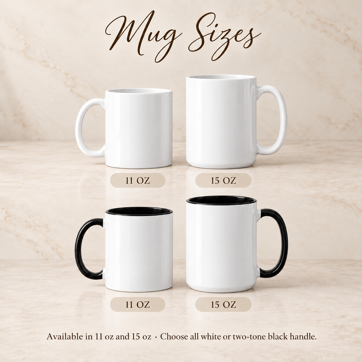 Mr and Mrs mug size and style guide with 11 oz and 15 oz all-white and two-tone black options