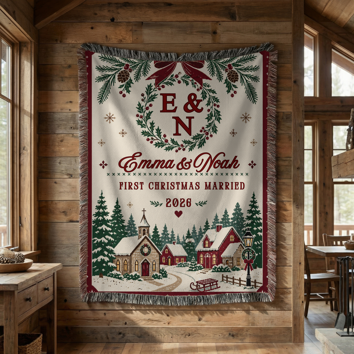 Newlywed Christmas woven blanket showing personalized couple details and woven texture