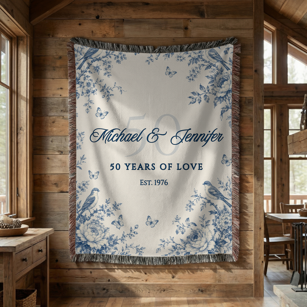 Personalized 50th anniversary woven blanket displayed as wall decor in a rustic interior