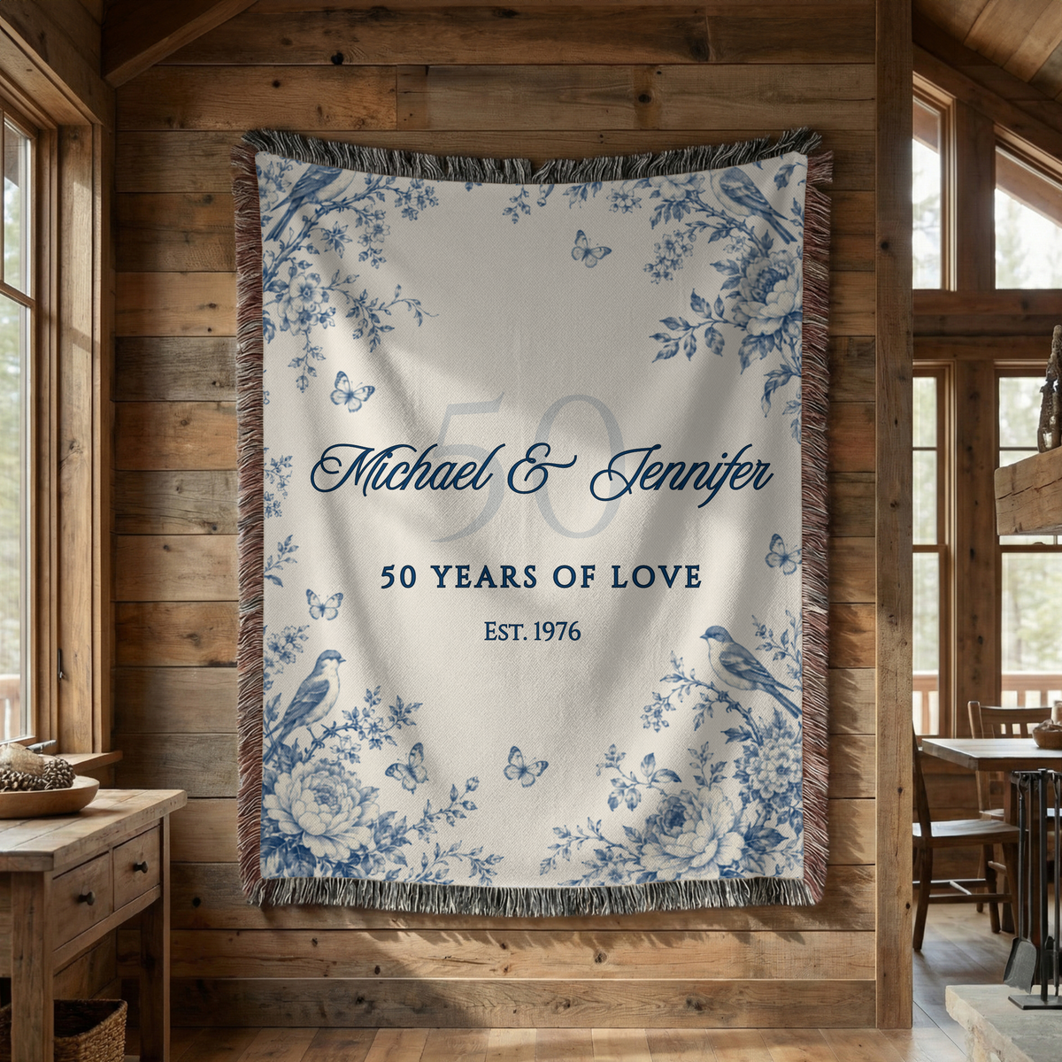 Personalized 50th anniversary woven blanket displayed as wall decor in a rustic interior
