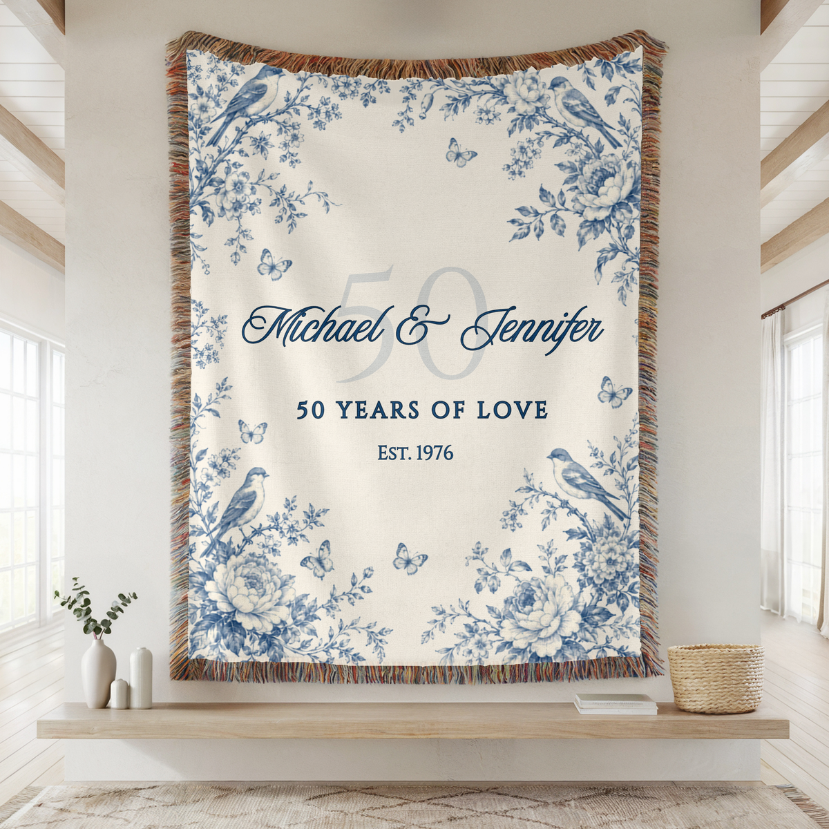 Personalized 50th anniversary woven blanket with custom couple names and established year